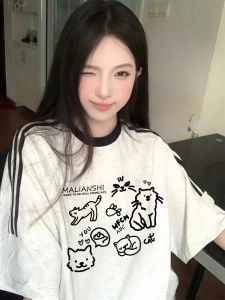 Pure Cotton American Style Short Sleeve T-Shirt Womens Loose Fit Summer Top Half Sleeve Printed round Neck Casual Tee