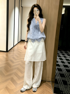 Shalldoer | Korean Style Stripe Slimming Vest and Wide Leg Trousers Set