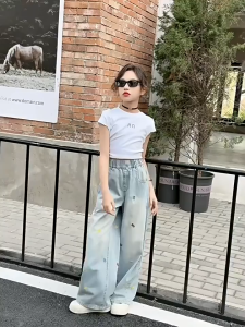 Jeans for Kids Girls Small Cute Animal Embroidery Design New Fashion Korean Style Baggy Denim Pants Breathable Comfortable Girls Bottoms Girls Outfit 7-16yrs