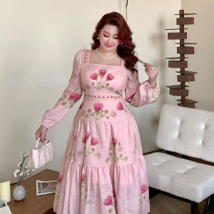 GLEC | Plus Size Womens Fashion Retro Unique Printed Elegant Square Collar Flounce Dress