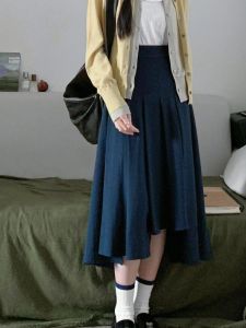 กระโปรงจีบเอวสูงทรงเอยาวปานกลางสไตล์เกาหลีสำหรับผู้หญิง กระโปรงสั้นผ้าโพลีเอสเตอร์ ฤดูใบไม้ผลิและฤดูร้อน 2024