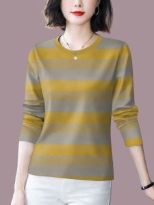 NUANKONG | Stripe Long Sleeve Round Neck Tee Shirts for Women Slim Fit