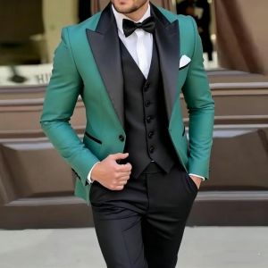 Mens Green And Black Formal Set of 3 Pieces Blazer Wedding Groomsmen Suit Ideal for Wedding Ceremony And Dance