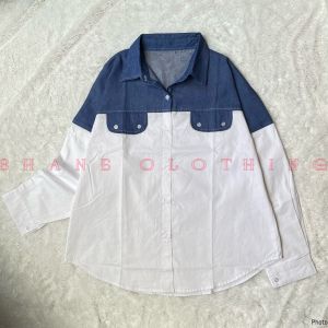 SHANE CLOTHING KEMEJA KOMBINASI DENIM LENGAN PANJANG BAHAN JEANS IMPORT 045