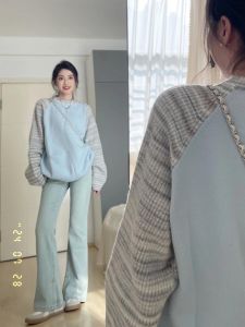 สไตล์อเมริกัน เสื้อสวม สีน้ําเงิน เสื้อสเวตเตอร์ถัก หลวม แขนยาว ผู้หญิง ฤดูใบไม้ร่วง ฤดูหนาว ลำลอง ใส่สบาย ระบายอากาศได้ดี ด้านบน