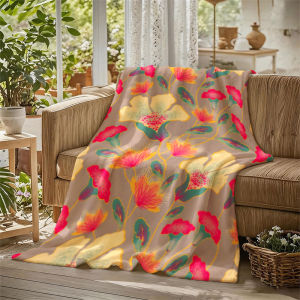 Retro Floral Taupe Pixel Flannel Blanket Perfect for Sofa Office Bed Travel Sleep Read Relax Camping Four Season Use
