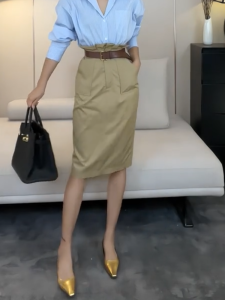 High Waist Khaki Color Slim Fit Wrap around Midi Skirt for Women Straight Cut Autumn New Style Versatile Skirts Commute Korean Style