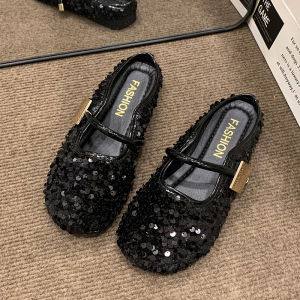 Large Size Womens Slippers Glitter Mules Silver Toe Cover Semi-Slip Flat Bottom Fashionable Sandals for Women