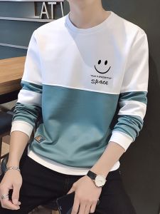 ROMON | Romon Mens Round Neck Sweatshirt Spring Autumn Trendy Smiley Print Long Sleeve T-Shirt Base Shirt Casual Fashion Streetwear