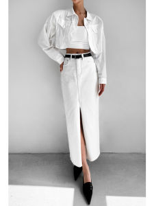 White Denim High Waist Straight Cut Midi Skirt for Women Fashionable Split Design Comfortable Fit Spring Summer New Arrival