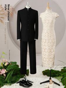 Elegant New Chinese Style Wedding Suit Mens Outerwear Tuxedo Coat Groomsmen Attire Wedding Clothes Fashion Youth Pure Color