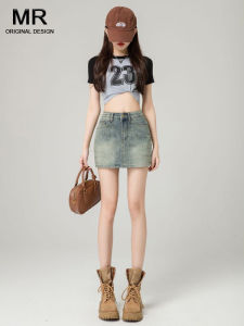 Retro American Denim Mini Skirt Womens High Waist Thin Summer Outerwear Wrap Body Half-length Skirt Sweet Japanese Style