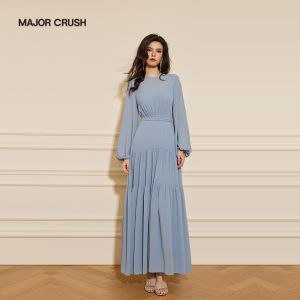 Waist Cinching Blue Mist Whisper French Style Vacation Long Dress