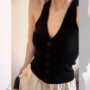 chaqi | Black Neck Hanging Strap Vest Womens Inner Wear Summer Knitted Sleeveless Base Outerwear V-neck Top New 2025 Commute Style Slim Fit Pure Color