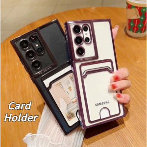 Luxury Plating Transparent Card Holder Casing for Samsung Galaxy A14 A34 A54 A12 A22 A32 A52 A52S A72 A53 A73 S20 S21 S22 S23 Plus Ultra Note 10 20 Plus Ultra Silicone Shockproof Soft Cover
