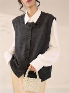 QINGNAER | Simple Stylish Grey Knitted Vest Oversized