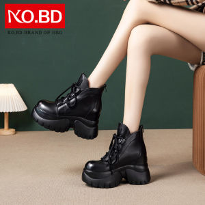 Black Martin Boots Womens Low Top Layer Cowhide Leather Heightening Spring Autumn New Style round Toe Zipper Closure Warmth