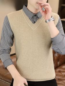 HENGYUANXIANG | Hengyuanxiang Mens Striped Knitted Sweater Fake Two-Piece Casual Shirt Collar Vest Spring Autumn Trendy Loose Fit Long Sleeve