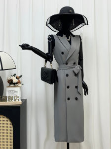 Váy Vest Dài Hai Hàng Nút Màu Xám Mùa Hè Pino Fox Váy Công Sở Phong Cách Hàn Quốc Cổ Màu Đen Nối Dài Váy Dài Không Tay