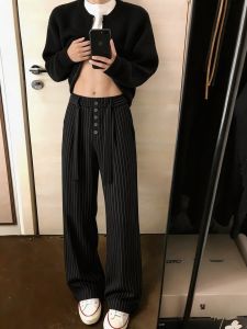 OUMULONG | Black Stripes Microflare Summer Slim Fit Silk Touch Slacks