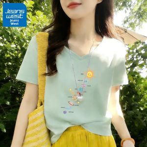 Jeanswest | Áo Thun Nữ Cổ V Tay Ngắn Bằng Cotton Với Thiết Kế Độc Đáo