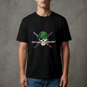 Bandai | Mens High - Quality Soft Fabric Anime T - Shirt One Piece Roronoa Zoro Skull & Three - Sword Cross Graphic Print Fashion Tee