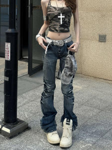 Quần Jeans Denim Nữ Kiểu Dáng Rộng Cạp Cao in Móng Mèo Phong Cách Mỹ Quần Dài Dài Đến Sàn Thời Trang Mùa Hè 2025