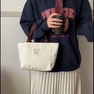 Japanese Bear Small Bucket Type Tote Canvas Bag Simple Zipper Hand Bag All Match Literary Shoulder Portable Lunch Box
