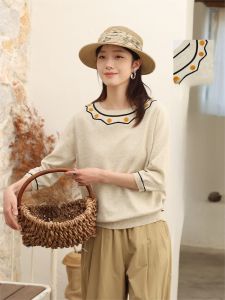WUSEWUWEI | Colorless Odorless Embroidered Knitted Round Neck Pullover Ladies Sweater Yellow House Theme Commute Style Regular Fit Cotton Polyester Blend