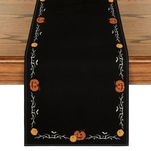 VIKAMA Halloween Table Runner Border Design Pumpkin Bat Spooky Twig for Dining Table Home Minimalist Holiday Party Decor