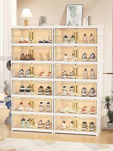 ตู้ใส่รองเท้า โปร่งใสและมองเห็นได้ ตู้เก็บรองเท้าแบบไม่มีการติดตั้งแบบพับได้  ตู้เก็บรองเท้า6ชั้น ประตูแม่เหล็ก กล่องรอง