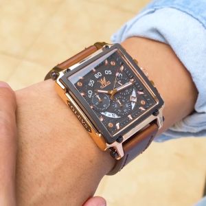 OLEVS Watch Men Original Casual Waterproof Luminous Multi-function Chronograph Calendar Square Dial Fashion High Quality Genuine Leather Quartz Watches For Men