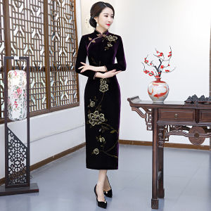 Elegant Wedding Dress Cheongsam Velvet Material for Women Fashionable City Style Long Sleeve Slim Fit Perfect for Wedding Banquet