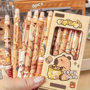 6 Cute Capybara Erasable Pens 0.5mm Fine Tip Quick-Dry Ink Retractable Rollerball w/ Eraser Yellow-Brown Office & School