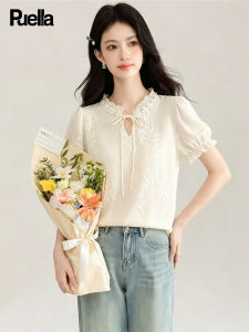 puella | Embroidered Bow Short Sleeve Chiffon Shirt