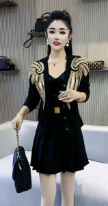 Elegant Heavy Work Womens Open Cardigan Single Button Loose Versatile Outerwear Sequin Embellished Long Sleeve round Neck