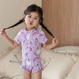 Summer Girls One-Piece Swimsuit Quick-Dry Short Sleeve Cartoon Print Baby Toddler Kids Vacation Swimming Suit Childrens Clothing
