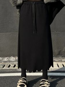 Cloud Pattern Drawstring Black Mini Skirt for plus Size Women Elegant Casual Cotton Blend Loose Fit H-Shape Skirt
