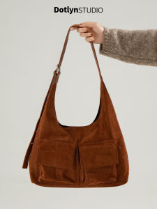 Dotlyn Coffee Brown Faux Suede Shoulder Bag Retro Commute Large Capacity Casual Crossbody Tote Bag Zinc Alloy Magnetic Buckle