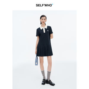 Self Who Summer New Soft Pleated Polo Collar Color Block Dress Womens Polyester Lenzing Viscose Blend H-Line Midi Dress