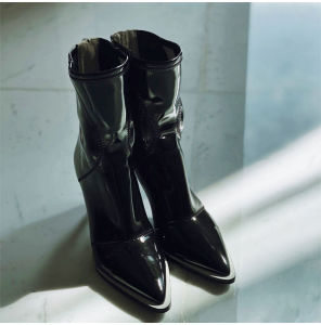 Giày Bốt Co Giãn Cho Nữ Với Gót Siêu Cao Và Bề Mặt Sợi Mịn Nhân Tạo Sang Trọng Ngắn Lót Mũi Nhọn Giày Bốt Mùa Đông