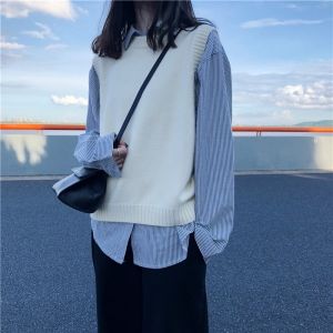 White Knitted Vest Womens New Style Autumn round Neck Sweater Jacket Layering Top Gentle Series Fashionable Commute Style