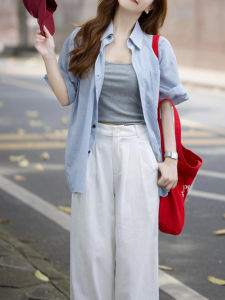 กางเกงขายาวทรงตรงผ้าไหมน้ำแข็งบางสำหรับผู้หญิง กางเกงขายาวทรงหลวมสบาย ๆ ฤดูร้อน กางเกงขายาวทรงสูทสีขาวสำหรับผู้หญิง