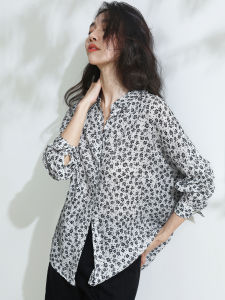 Miccbeirn | Lanrege 100% Tencel Floral Print Loose Fit Cool Feeling French Vintage Style Artistic Shirt Top Long Sleeve Button Up Casual Wear