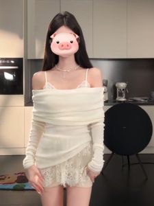 BINKAFENNY | Pure Desire White One Shoulder Long Sleeve Knitted Sweater Womens Slim Fit Thin Outerwear Beautiful Shoulder Exposure Top