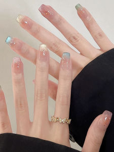 Handmade Wearing False Nails Nude Color 2025 New High-End Medium-Length Beautiful Dopaamine Rainbow Cat Eye Nail Art