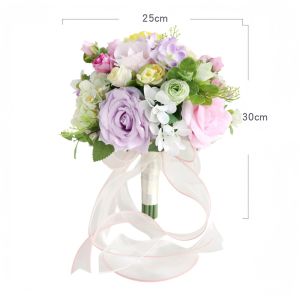 Artificial Rose Bridal Bouquet Multi-Color Mixed Purple Pink White Faux Flowers with Long Sheer Ribbon for Wedding Party Decor