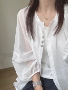 Áo Khoác Cardigan Chống Nắng Vải Lanh Cotton Mùa Hè Cho Nữ Tay Đèn Lồng Mỏng Nhẹ Màu Trắng Dài Vừa Phải Kiểu Dáng Thông Thường