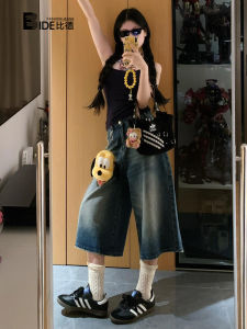 American Style High Waist Loose Fitting Straight Leg Denim Shorts Women Summer New Wash Relax Sensation Seven Points Jeans