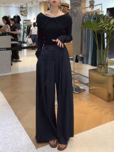 Shalldoer | Elegant Autumnal Womens Knitwear Set Casual High Waist Wide Leg Pants Long Sleeve Turn-down Collar Breathable Comfortable Two-piece